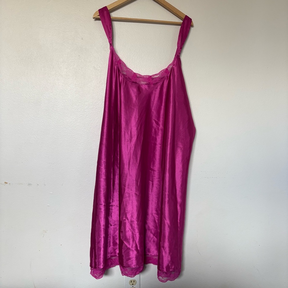 Vibrant Fuschia Pink Satin Lace Mini Slip Dress Y2K Silky Size 3X‎